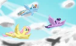 Size: 1153x692 | Tagged: safe, artist:colorcoatedart, fluttershy, rainbow dash, twilight sparkle, alicorn, pegasus, pony, g4, eyes closed, female, flying, flying buddies, mare, open mouth, trio, twilight sparkle (alicorn)