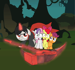 Size: 900x847 | Tagged: safe, artist:drawponies, apple bloom, scootaloo, sweetie belle, g4, crescent rose, cutie mark crusaders, ponified, ruby rose, rwby, weapon