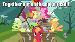 Size: 650x365 | Tagged: safe, edit, edited screencap, screencap, apple bloom, applejack, big macintosh, granny smith, pinkie pie, earth pony, pony, g4, pinkie apple pie, a goofy movie, animated, apples to the core, caption, female, filly, hub logo, male, mare, meme, song reference, stallion