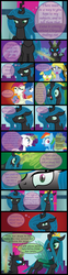 Size: 2423x9830 | Tagged: safe, artist:inkrose98, derpy hooves, princess celestia, queen chrysalis, rainbow dash, rarity, roseluck, changeling, pegasus, pony, comic:shapeless sun, g4, changelingified, comic, female, mare, princess chryslestia, spear, tumblr, weapon