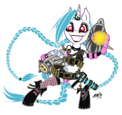 Size: 1024x969 | Tagged: safe, artist:peachpalette, pony, braid, bullet, gun, jinx (league of legends), league of legends, ponified, rocket launcher, simple background, solo, tattoo, transparent background