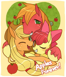 Size: 553x639 | Tagged: safe, artist:pasikon, apple bloom, applejack, big macintosh, earth pony, pony, g4, pinkie apple pie, hug, male, stallion