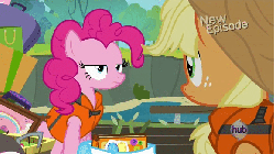 Size: 580x326 | Tagged: safe, screencap, applejack, pinkie pie, g4, pinkie apple pie, animated, female, hub logo, lifejacket, raft, unamused