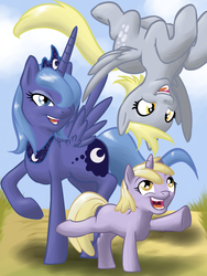 Size: 5400x7200 | Tagged: safe, artist:foxshine, derpy hooves, dinky hooves, princess luna, pegasus, pony, g4, absurd resolution, female, mare, s1 luna