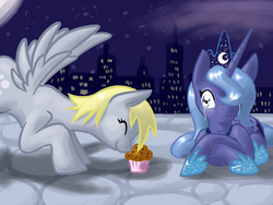 Size: 7200x5400 | Tagged: safe, artist:foxshine, derpy hooves, princess luna, pegasus, pony, g4, absurd resolution, crying, female, mare, muffin, s1 luna