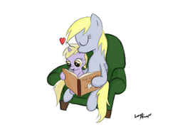 Size: 915x644 | Tagged: safe, artist:lunarapologist, derpy hooves, dinky hooves, pegasus, pony, g4, equestria's best mother, female, kissing, mare, reading, where is my cow?