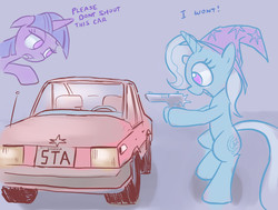 Size: 1271x962 | Tagged: safe, artist:gsphere, trixie, twilight sparkle, pony, g4, bipedal, car, desert eagle, gun, left 4 dead, left 4 dead 2, pistol, this will end in a car alarm, this will end in car alarms, this will end in zombies, twilight sparkle is not amused, unamused