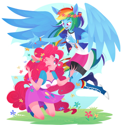 Size: 1000x1019 | Tagged: safe, artist:qpqp, pinkie pie, rainbow dash, human, equestria girls, g4, duo, eared humanization, female, floral head wreath, flower, flying, humanized, pixiv, ponied up, pony coloring, tailed humanization, winged humanization