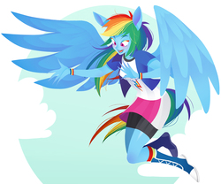 Size: 1082x900 | Tagged: safe, artist:qpqp, rainbow dash, human, equestria girls, g4, eared humanization, female, flying, humanized, pixiv, ponied up, pony coloring, solo, tailed humanization, winged humanization