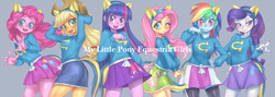 Size: 1805x640 | Tagged: safe, artist:hoihoi, applejack, fluttershy, pinkie pie, rainbow dash, rarity, twilight sparkle, human, equestria girls, g4, my little pony equestria girls, bedroom eyes, blushing, clothes, cowboy hat, denim skirt, eyeshadow, female, gray background, hat, humane five, humane six, looking at you, makeup, mane six, nail polish, one eye closed, open mouth, open smile, pixiv, simple background, skirt, smiling, stetson, stockings, sweater, sweatershy, wink, wondercolt ears, wondercolts, wondercolts uniform