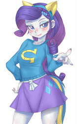 Size: 499x800 | Tagged: dead source, safe, artist:hoihoi, rarity, equestria girls, g4, blushing, clothes, female, hand on hip, looking at you, nail polish, pixiv, rarity's skirt, simple background, skirt, smiling, solo, sweater, white background, wondercolts