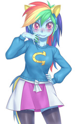 Size: 499x800 | Tagged: safe, artist:hoihoi, rainbow dash, human, equestria girls, g4, blushing, clothes, female, hand on hip, lipstick, looking at you, pixiv, pony ears, skirt, smiling, solo, stockings, sweater, thigh highs, wondercolts, zettai ryouiki