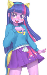 Size: 499x800 | Tagged: safe, artist:hoihoi, twilight sparkle, equestria girls, g4, blushing, clothes, female, looking at you, open mouth, pixiv, simple background, skirt, solo, sweater, white background, wondercolts