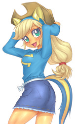Size: 493x800 | Tagged: safe, artist:hoihoi, applejack, equestria girls, g4, clothes, female, open mouth, pixiv, simple background, skirt, solo, sweater, wondercolts