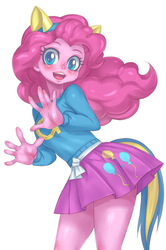 Size: 531x800 | Tagged: safe, artist:hoihoi, pinkie pie, human, equestria girls, g4, blushing, clothes, female, looking at you, open mouth, pixiv, simple background, skirt, solo, sweater, white background, wondercolts