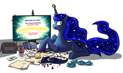 Size: 1000x593 | Tagged: safe, artist:foxi-5, princess luna, gamer luna, g4, bacon, burger, candy, caught, controller, female, licking, licking lips, looking at you, looking back, missing accessory, ponies eating meat, prone, soda, solo, television, tongue out, video game, wide eyes