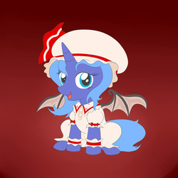 Size: 2500x2500 | Tagged: dead source, safe, artist:fluttershyfree, princess luna, g4, clothes, cosplay, cute, dress, female, filly, lunabetes, remilia scarlet, solo, touhou, woona