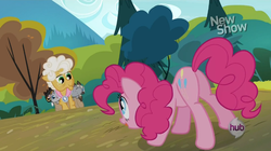 Size: 853x478 | Tagged: safe, screencap, goldie delicious, pinkie pie, pony, g4, pinkie apple pie, butt, female, mare, plot