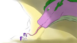 Size: 1024x570 | Tagged: safe, artist:ratherdevious, rarity, spike, g4, adult spike, cave, female, licking, male, older, ship:sparity, shipping, size difference, straight, tongue out