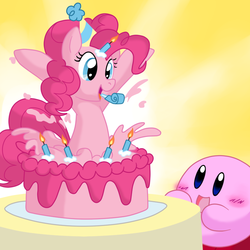 Size: 800x800 | Tagged: safe, artist:perfectpinkwater, pinkie pie, earth pony, pony, puffball, blushing, cake, crossover, female, food, hat, kirby, kirby (series), kirby pie, mare, party, party hat, party horn, popping out of a cake