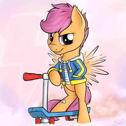 Size: 2000x2000 | Tagged: safe, artist:nobody47, scootaloo, pony, g4, bipedal, clothes, female, scooter, solo