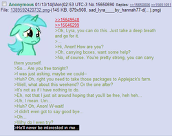 Size: 510x403 | Tagged: safe, lyra heartstrings, g4, /mlp/, 4chan, 4chan screencap, feels, greentext, rejection, rejection is magic, sad, text