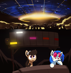 Size: 1664x1712 | Tagged: safe, artist:dimfann, dj pon-3, octavia melody, vinyl scratch, oc, g4, close encounters of the third kind, comic, crossover, headphones, headset, movie reference, spaceship, steven spielberg, ufo