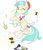 Size: 500x580 | Tagged: dead source, safe, artist:rice, coco pommel, rarity, earth pony, pony, unicorn, g4, angry, cross-popping veins, crying, cute, drink, eyes closed, featured image, female, floppy ears, mare, mouth hold, needle, rainbow thread, simple background, smiling, stuck, thread, tied up, white background, wide eyes, wrapped up