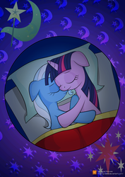 Size: 3739x5288 | Tagged: safe, artist:jcosneverexisted, trixie, twilight sparkle, g4, bed, blanket, cuddling, female, hug, lesbian, pillow, ship:twixie, shipping, snuggling