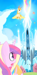 Size: 1000x2000 | Tagged: safe, artist:meekcheep, princess cadance, oc, mothpony, original species, g4, crystal empire, flying, observer, surprised
