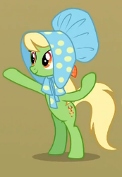Size: 214x310 | Tagged: safe, screencap, apple munchies, earth pony, pony, g4, the last roundup, apple family member, background pony, bonnet, cropped, female, mare, solo, upright