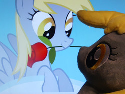 Size: 1000x750 | Tagged: safe, artist:onlyfactory, derpy hooves, pegasus, pony, g4, background pony, bootleg, cloud, cute, derpabetes, eye contact, female, irl, leaning, looking at each other, mare, mouth hold, photo, plushie, rose, self plushidox, self ponidox, smiling, underp