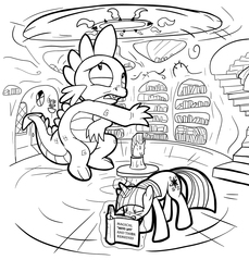 Size: 1171x1280 | Tagged: safe, artist:secoh2000, spike, twilight sparkle, g4, book, growth, lineart, macro, magic, monochrome