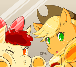 Size: 2160x1920 | Tagged: safe, artist:ice snow flower, apple bloom, applejack, g4, against glass, fourth wall, screen