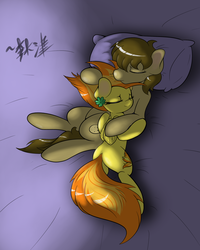 Size: 2000x2500 | Tagged: safe, artist:lightningnickel, spitfire, oc, oc:chocolate chips, earth pony, pegasus, pony, g4, bed, butt, canon x oc, clover, commission, cuddling, cute, eyes closed, female, firechips, four leaf clover, freckles, male, mare, pillow, plot, shipping, sleeping, snuggling, stallion, straight