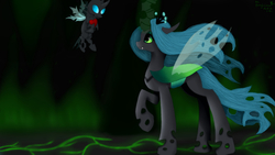 Size: 1920x1080 | Tagged: safe, artist:mrs-ponylicious, queen chrysalis, changeling, changeling queen, nymph, g4, crown, cute, cutealis, cuteling, duo, female, heart, jewelry, love, mare, regalia