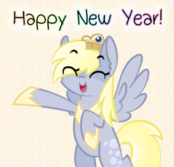 Size: 600x575 | Tagged: dead source, safe, derpy hooves, pegasus, pony, ask princess derpy, g4, crown, eye clipping through hair, eyebrows, eyebrows visible through hair, female, happy new year, holiday, hoof shoes, jewelry, mare, peytral, regalia, simple background, smiling, solo, tumblr