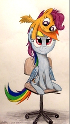 Size: 1080x1920 | Tagged: safe, artist:thefriendlyelephant, rainbow dash, scootaloo, pegasus, pony, g4, chair, cute, cutealoo, office chair, ponies riding ponies, pony hat, riding, scootahat, scootaloo riding rainbow dash, traditional art