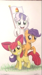 Size: 1080x1920 | Tagged: safe, artist:thefriendlyelephant, apple bloom, scootaloo, sweetie belle, g4, candy corn, cutie mark crusaders, flag, object on drawing, traditional art