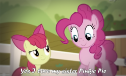 Size: 633x383 | Tagged: safe, screencap, apple bloom, pinkie pie, friendship is witchcraft, g4, pinkie apple pie, neigh soul sister, sisters, smiling