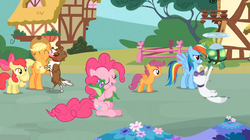 Size: 1054x592 | Tagged: safe, screencap, apple bloom, applejack, gummy, opalescence, pinkie pie, rainbow dash, scootaloo, tank, winona, earth pony, pony, g4, just for sidekicks, hug, opaltank