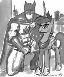 Size: 833x1000 | Tagged: safe, artist:johnjoseco, princess luna, alicorn, human, pony, g4, batman, crossover, dc comics, duo, duo male and female, female, frown, grayscale, kneeling, looking at you, male, monochrome, raised eyebrow, smiling, smiling at you, standing