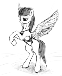 Size: 825x1000 | Tagged: safe, artist:mindlesshead, oc, oc only, oc:brightsky, pegasus, pony, blank flank, monochrome, prpg, solo, wings