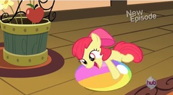 Size: 639x350 | Tagged: safe, screencap, apple bloom, earth pony, pony, g4, pinkie apple pie, adorabloom, ball, bow, cute, female, filly, hair bow, hub logo, hurr durr, open mouth, solo