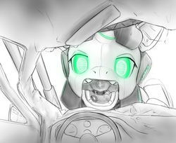 Size: 920x752 | Tagged: dead source, safe, artist:alloyrabbit, sweetie belle, pony, robot, robot pony, unicorn, g4, car, fangs, female, fetish, filly, foal, giant robot, glowing eyes, grayscale, hooves, horn, imminent vore, looking at you, macro, maw, monochrome, offscreen character, open mouth, partial color, pov, size difference, solo, sweetie bot, teeth, this will end in vore, trash compactor