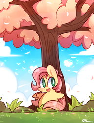 Size: 920x1200 | Tagged: safe, artist:php56, fluttershy, g4, :d, chibi, cloud, cloudy, female, grass, happy, sky, solo, tree