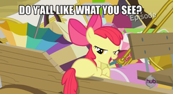 Size: 845x463 | Tagged: safe, edit, edited screencap, screencap, apple bloom, earth pony, pony, g4, pinkie apple pie, bedroom eyes, bloom butt, butt, caption, female, hub logo, image macro, mare, plot, solo