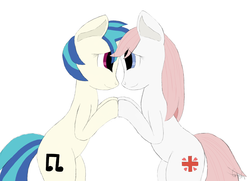 Size: 2876x2086 | Tagged: safe, artist:sea-gnash, dj pon-3, nurse redheart, vinyl scratch, g4, crack shipping, eye contact, female, lesbian, shipping, vinylheart