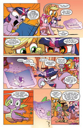 Size: 630x969 | Tagged: safe, idw, official comic, applejack, bookworm (g4), pinkie pie, spike, twilight sparkle, alicorn, pony, g4, spoiler:comic, spoiler:comic15, angry, bookworm, comforting twilight, comic, d'oh, female, idw advertisement, mare, preview, speech bubble, twilight sparkle (alicorn), twilight sparkle is not amused, unamused