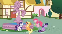 Size: 1054x592 | Tagged: safe, edit, applejack, pinkie pie, rarity, twilight sparkle, g4, apple, cupcake, grumpy twilight, statue